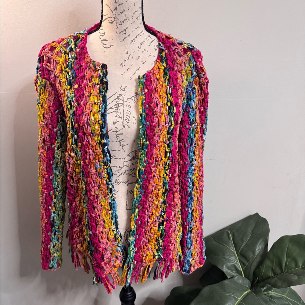 JL Studio Vintage Colorful Festival Cardigan Womens 2X Fringe Boho Statement